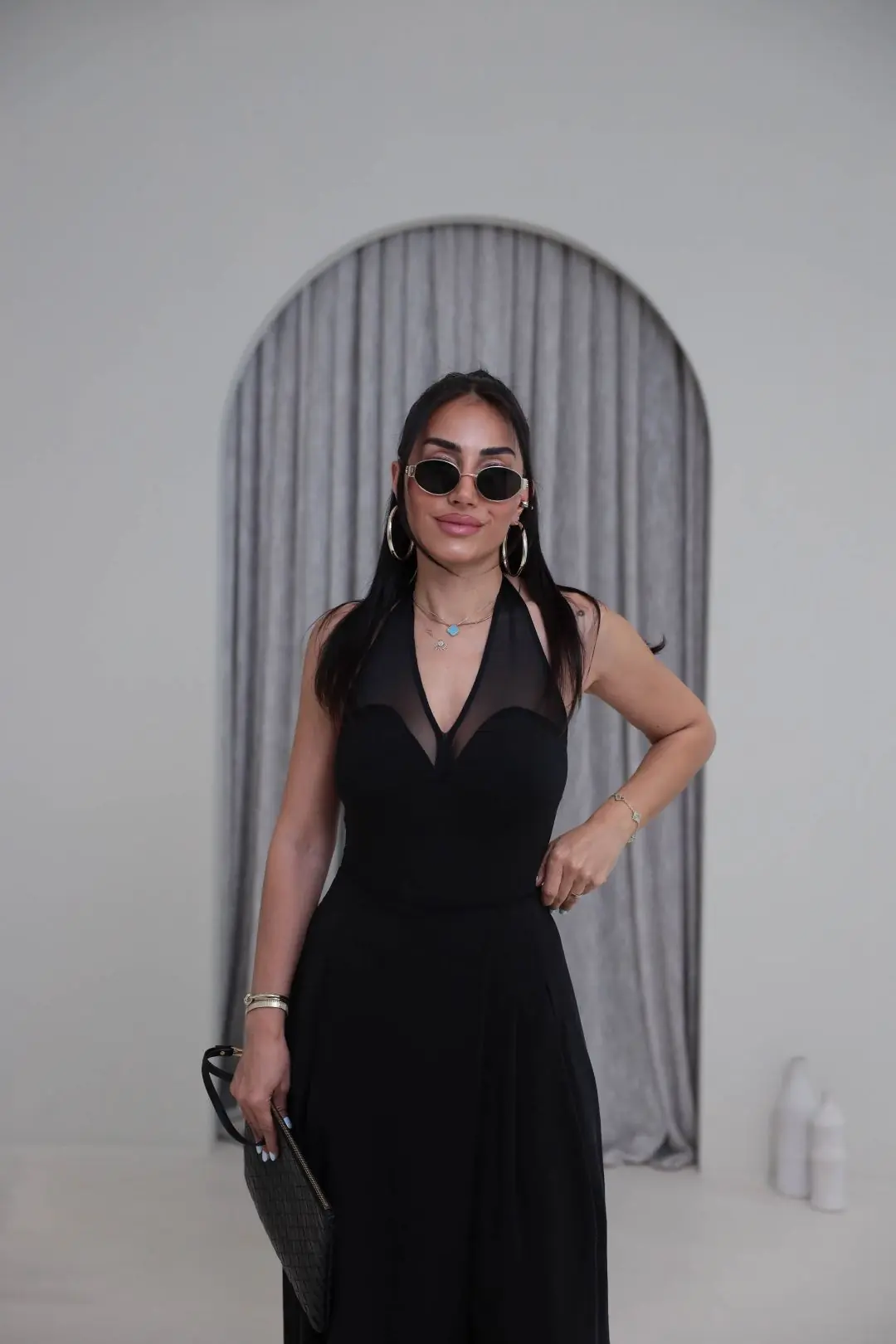 Boyundan Geçmeli Tül Garnili Bodysuit SİYAH