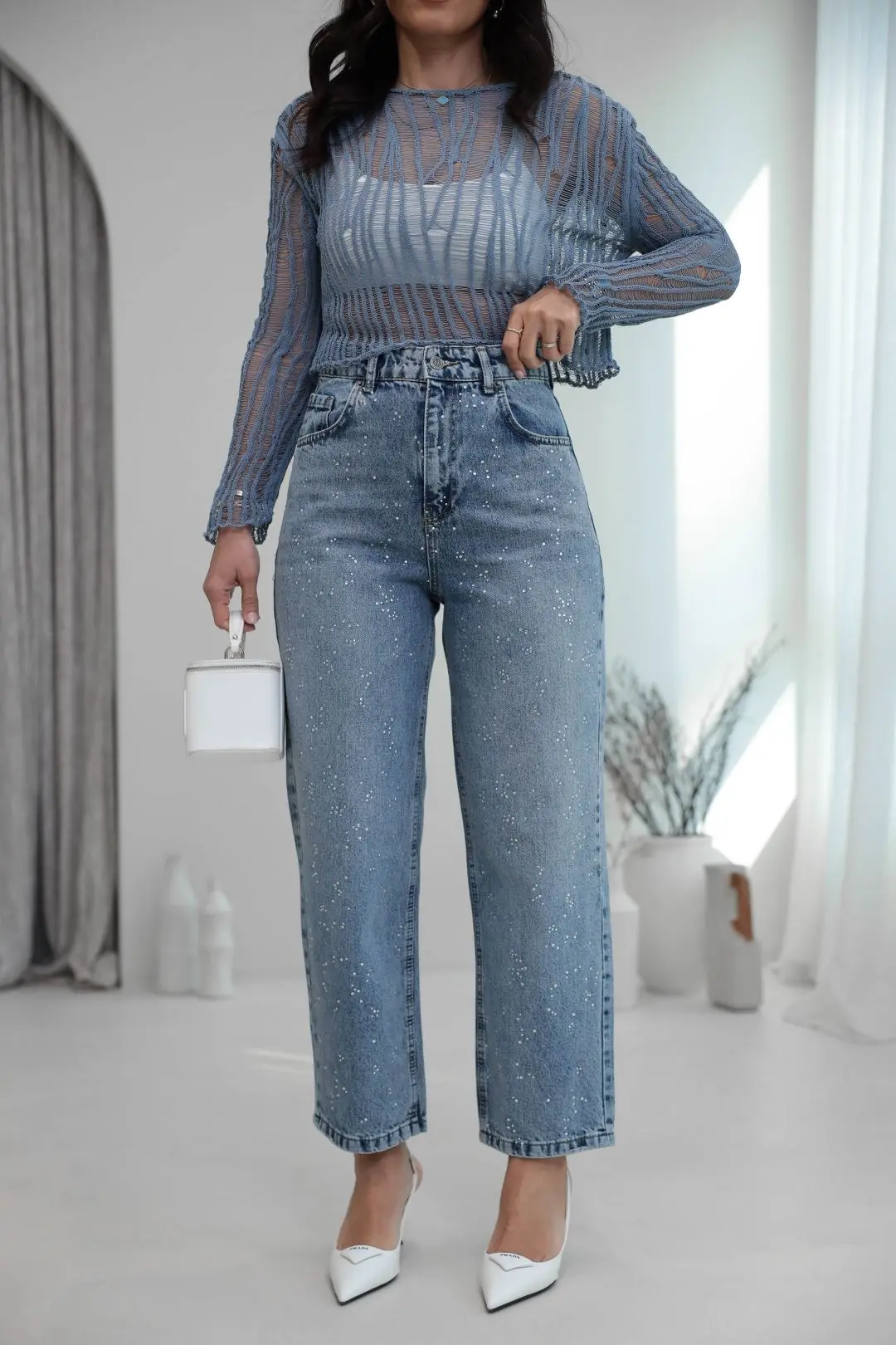3010 Rahat Kesim Taşlı Mom Jean MAVİ