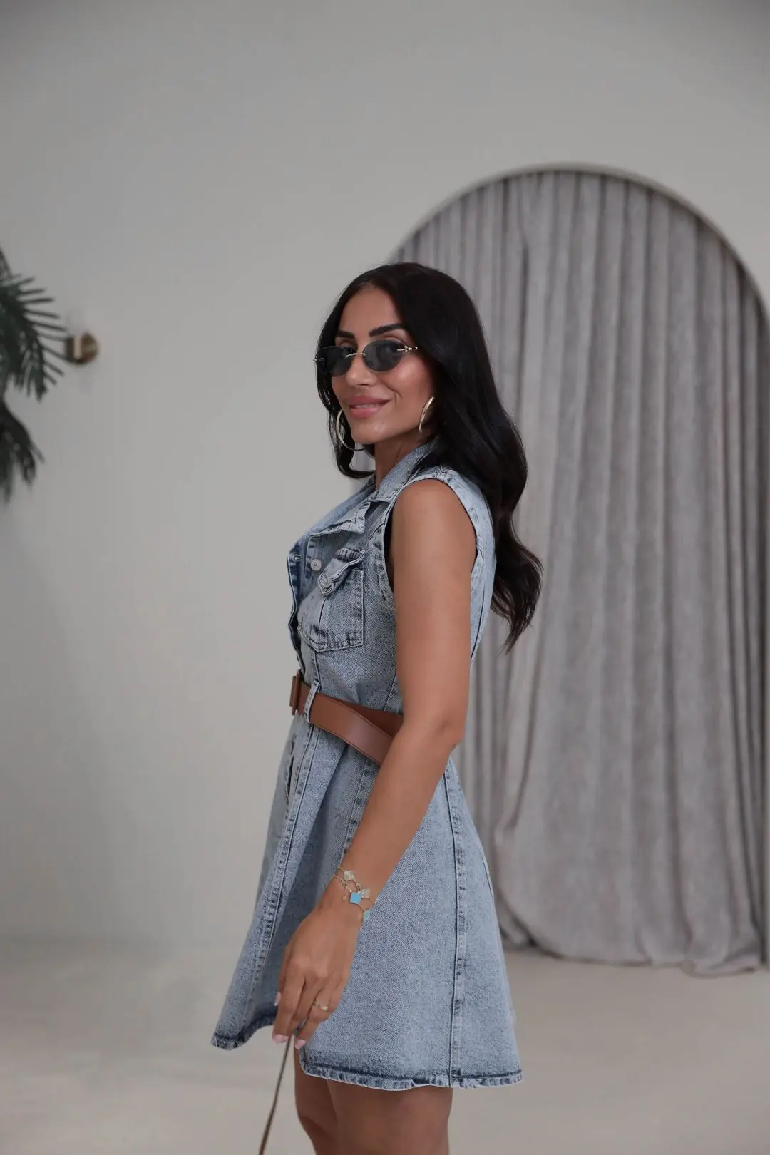 3451 Önden Düğmeli Kemerli Denim Elbise YIKAMALI MAVİ