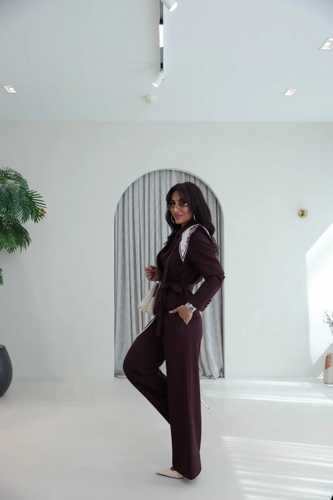9319 Şal Detaylı Kuşaklı Ceket Pantolon MÜRDÜM