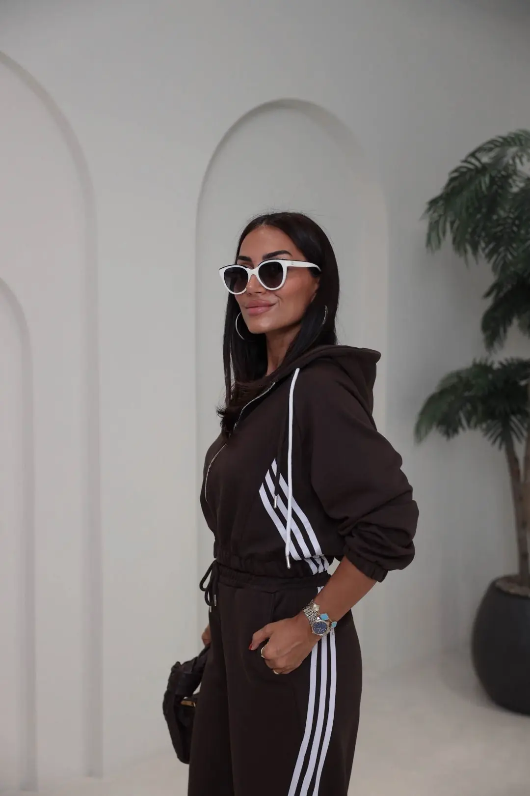 4285 Şerit Detaylı Fermuarlı Sweat Pantolon Takım KAHVE