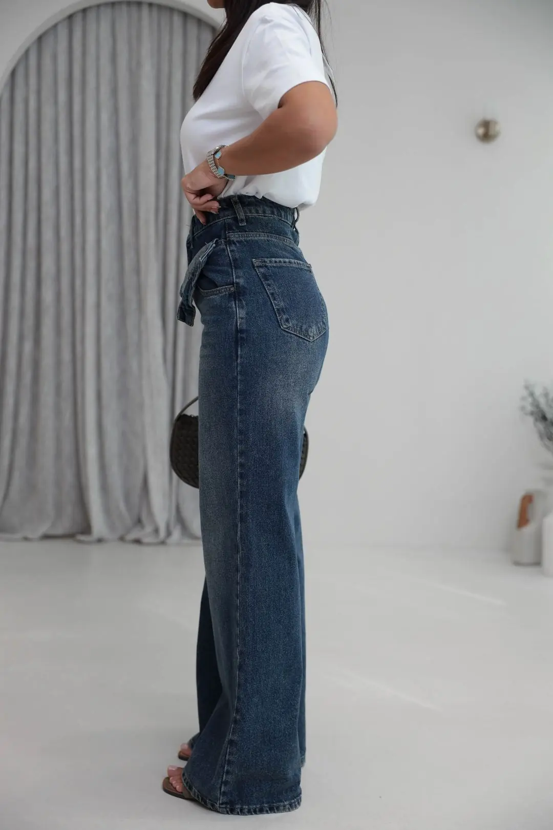 1065 Asimetrik Bel Detaylı Palazzo Denim Pantolon TİNTLİ MAVİ