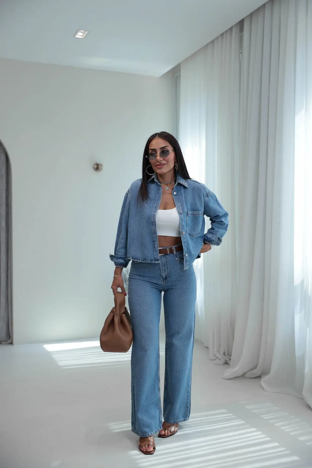 8405 Gömlek ve Pantolonu Taşlı Denim Takım MAVİ