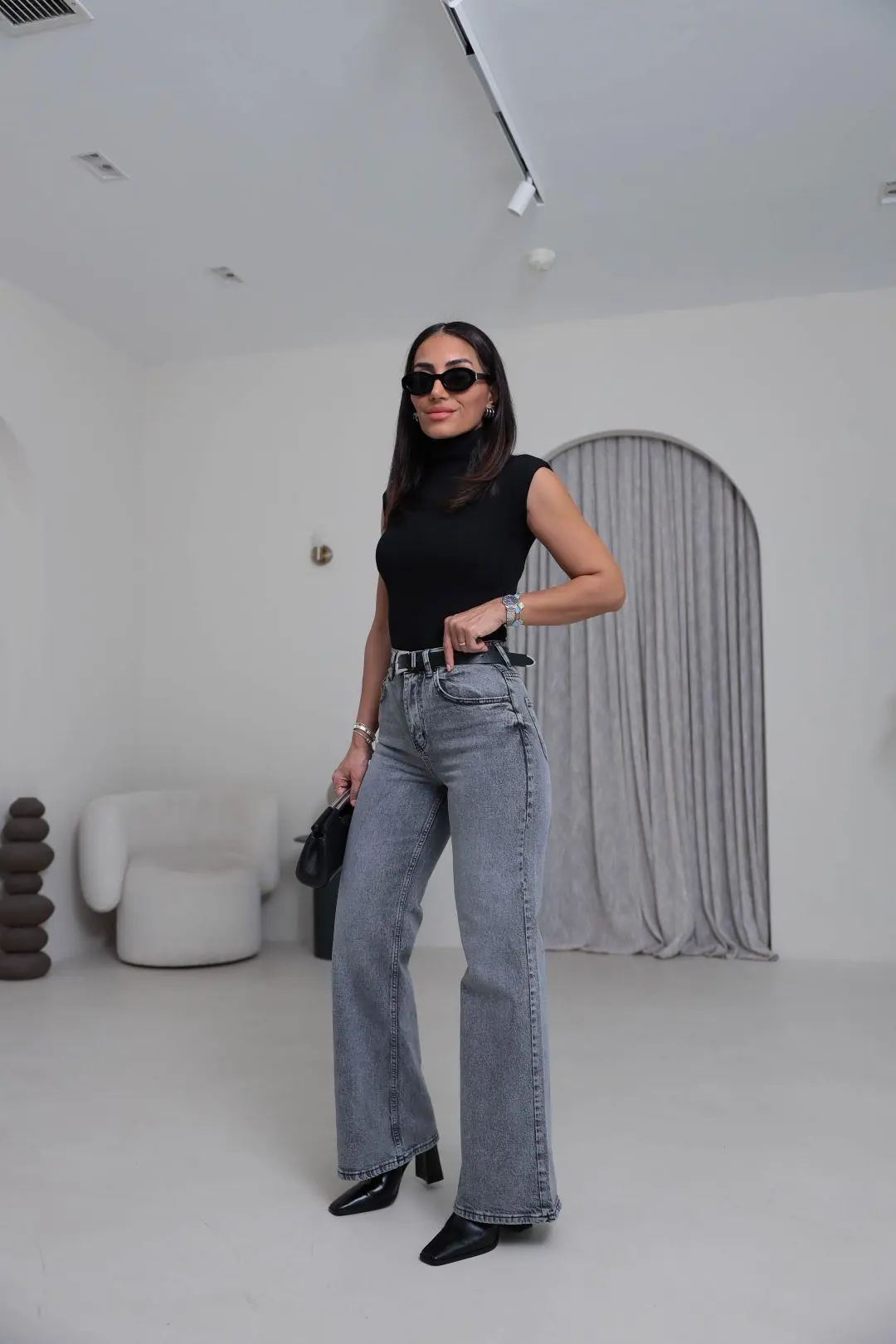 Yüksek Bel Wide Leg Jean GRİ