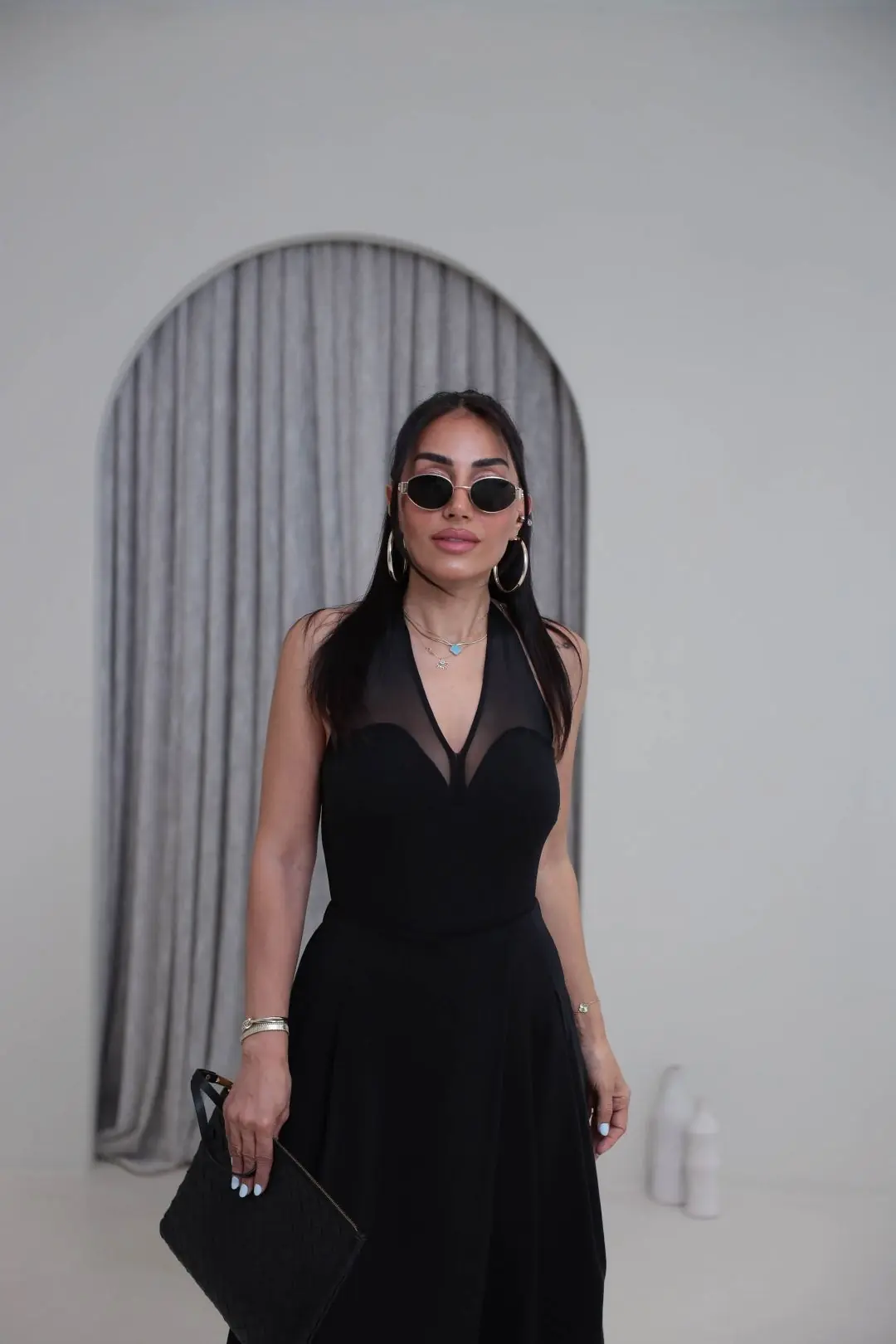 Boyundan Geçmeli Tül Garnili Bodysuit SİYAH