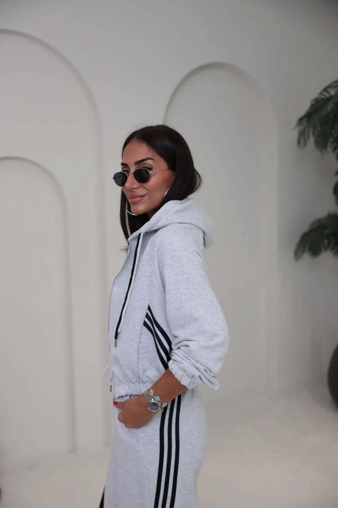 4285 Şerit Detaylı Fermuarlı Sweat Pantolon Takım GRİ MELANJ