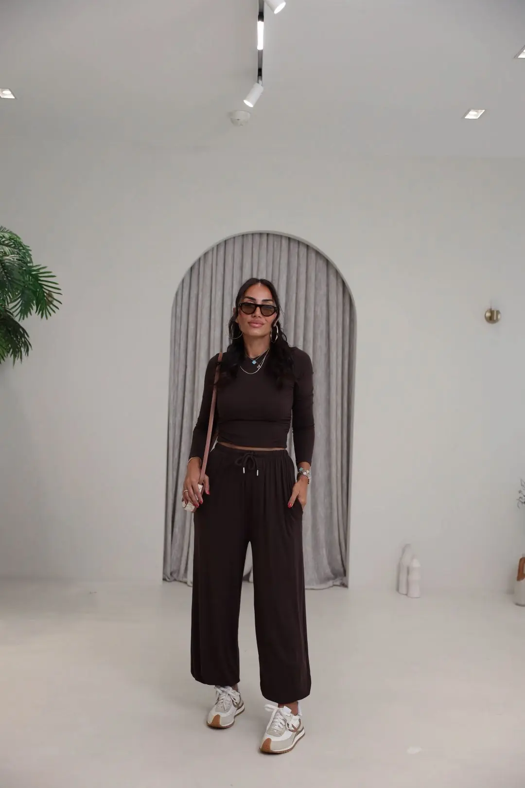 4289 Modal Drape Detaylı Şalvar Kesimli Bluz Pantolon Takım KAHVE