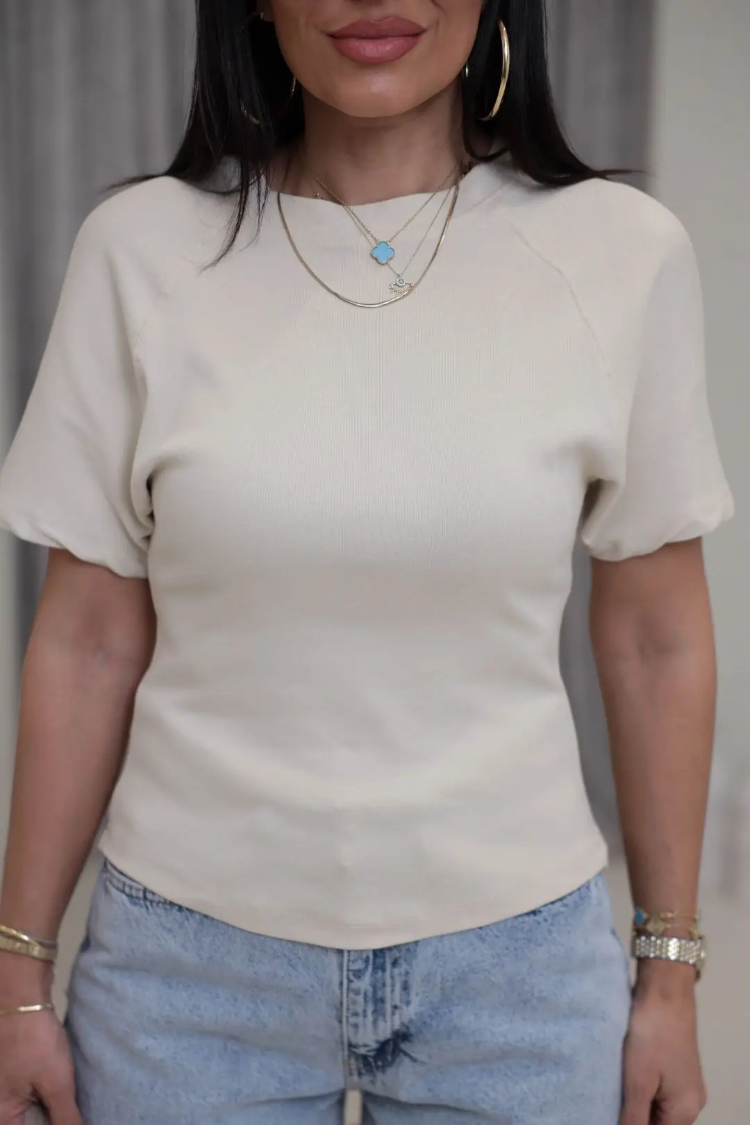 2322 Reglan Kol Yandan Fermuarlı Pamuklu Tshirt BEJ