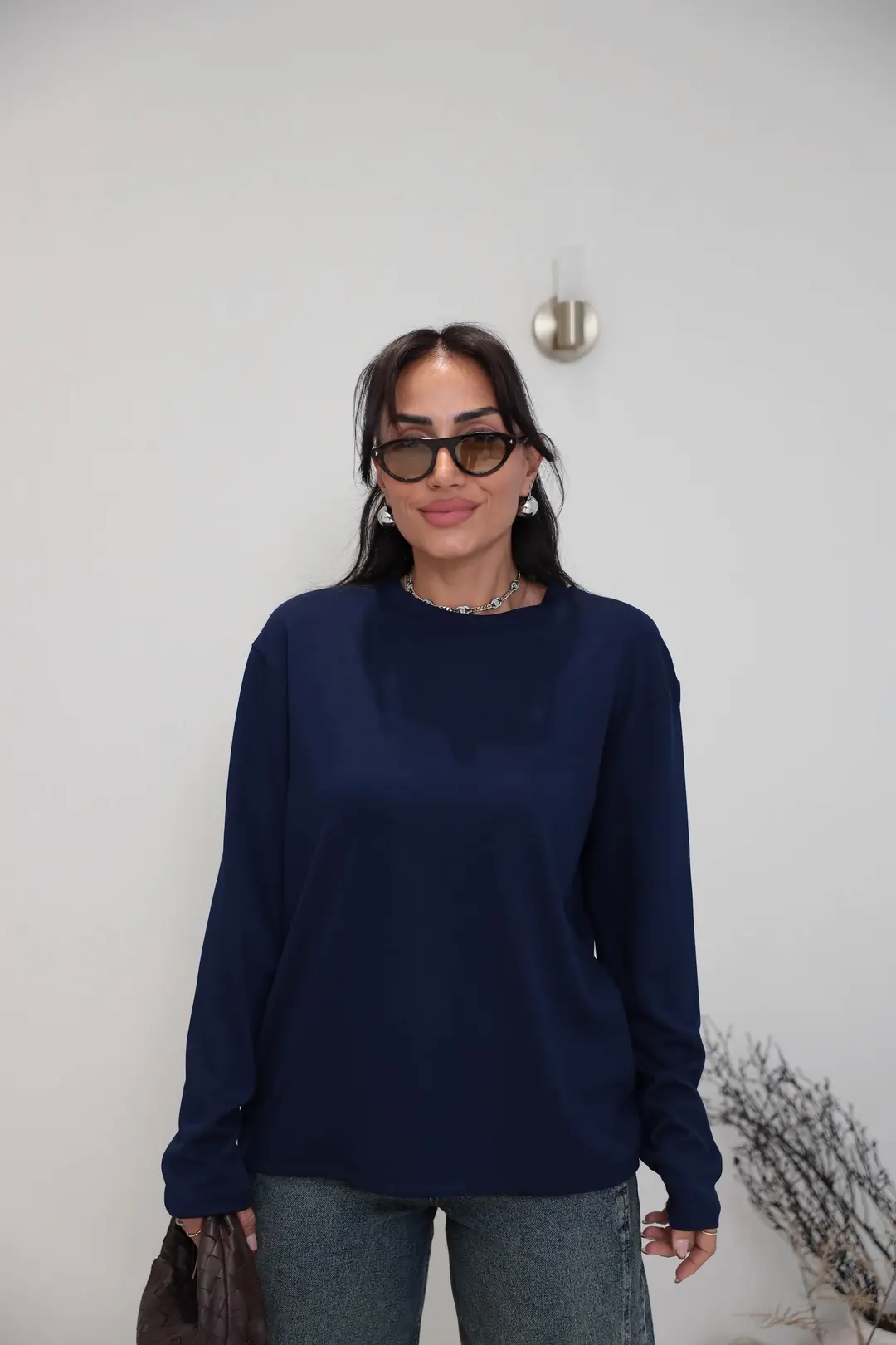 1448 Bisiklet Yaka uzun Kollu Oversize Tshirt LACİVERT