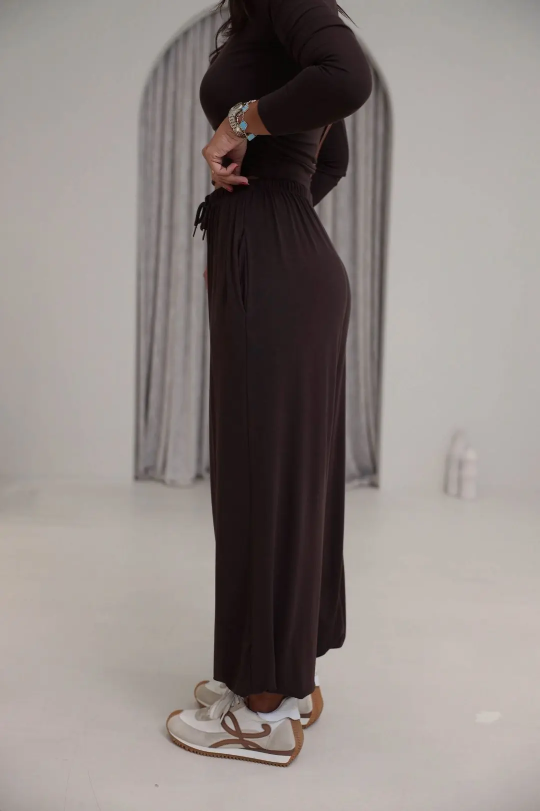 4289 Modal Drape Detaylı Şalvar Kesimli Bluz Pantolon Takım KAHVE