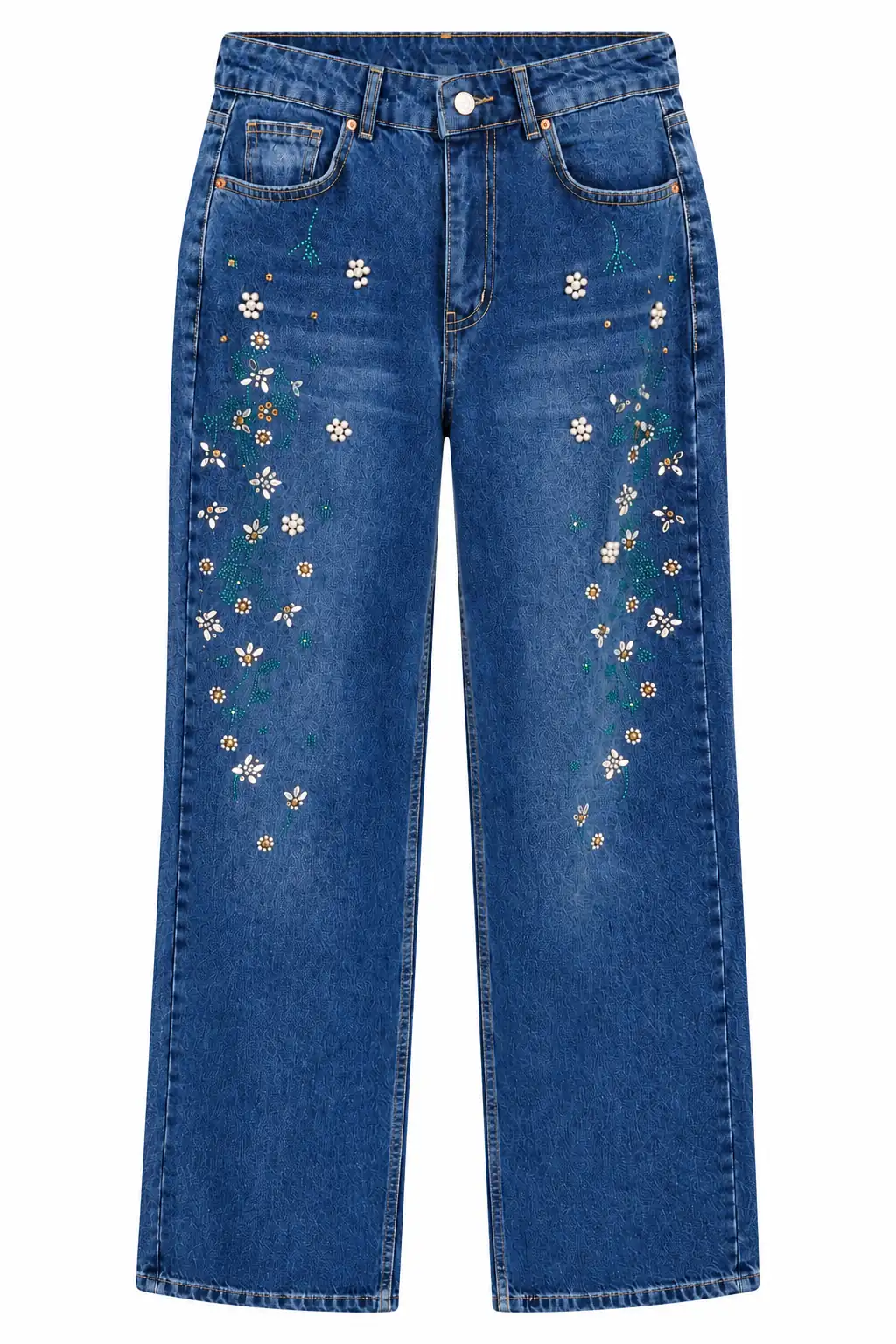 1071 Çiçek Motifli Renkli Taş İşlemeli Denim Pantolon KOYU MAVİ
