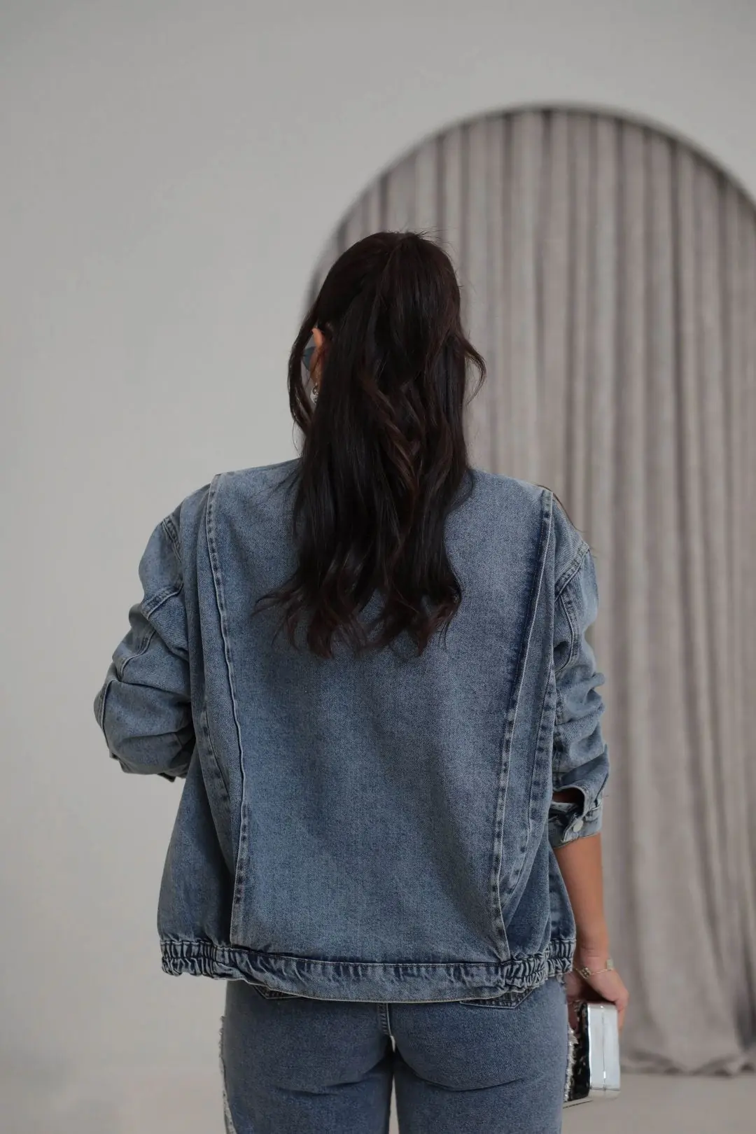 7502 Rose Aplikeli Taşlı Denim Ceket Pantolon Takım TİNTLİ MAVİ