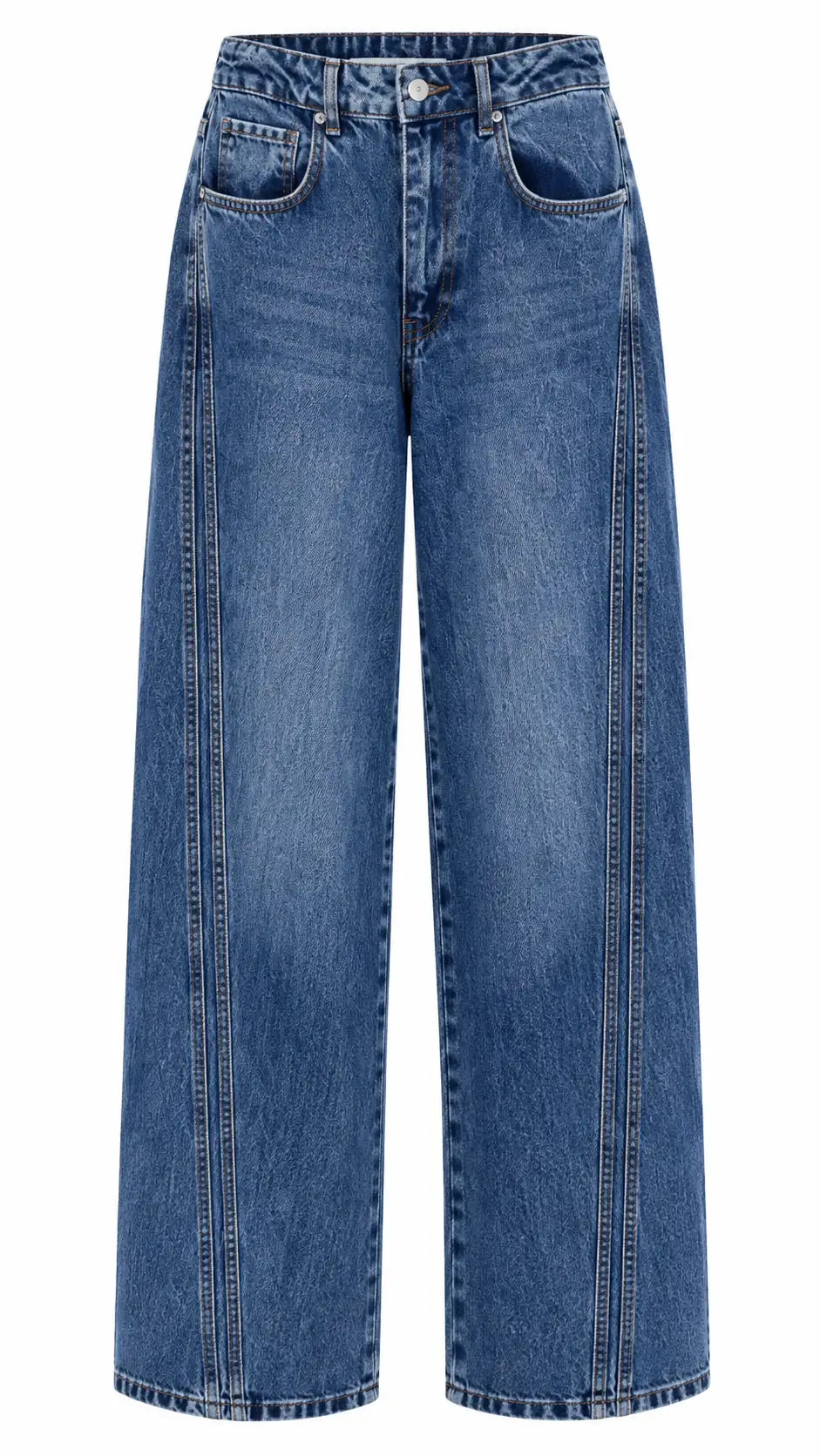 1067 Yanları Dikiş Detaylı Wide Leg Denim Pantolon TİNTLİ MAVİ