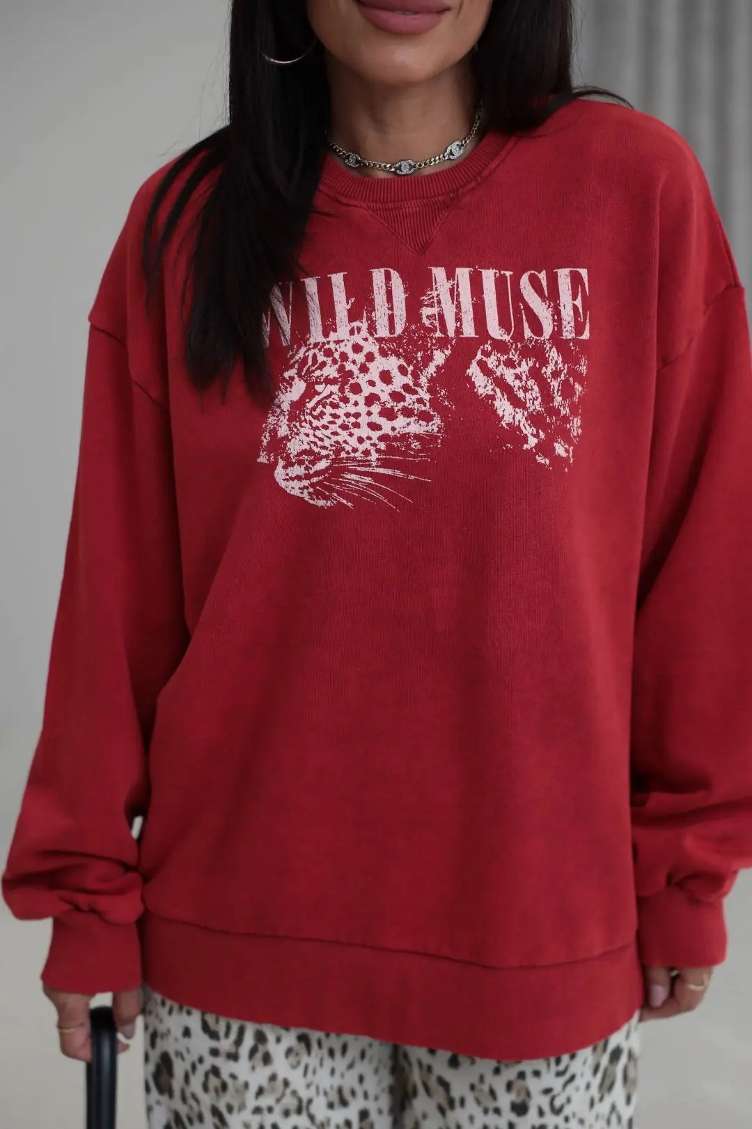 9106 Kaplan Baskılı Ribanalı İki İplik Sweatshirt KIRMIZI
