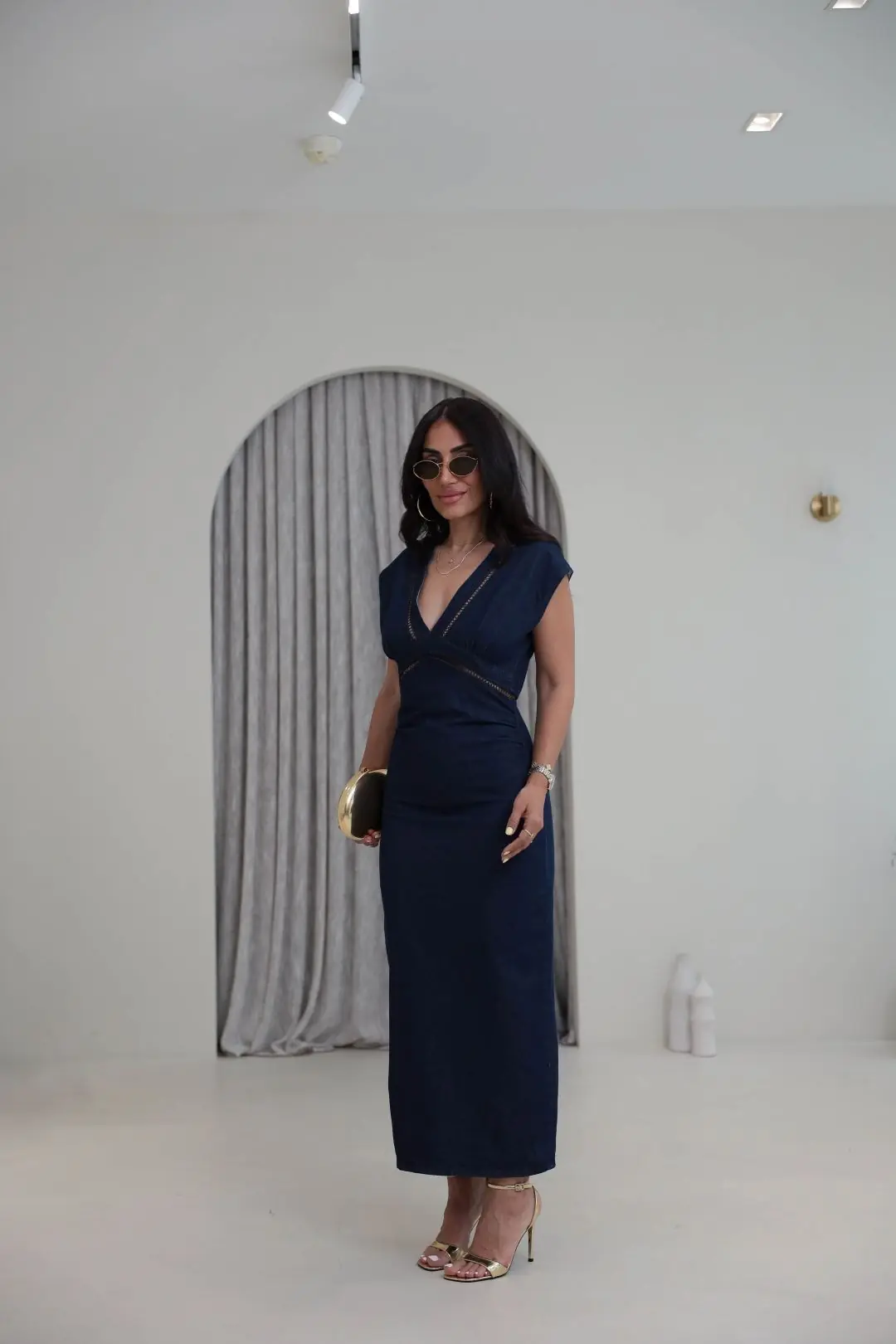 1027 V Yaka Şerit Detaylı Denim Elbise LACİVERT