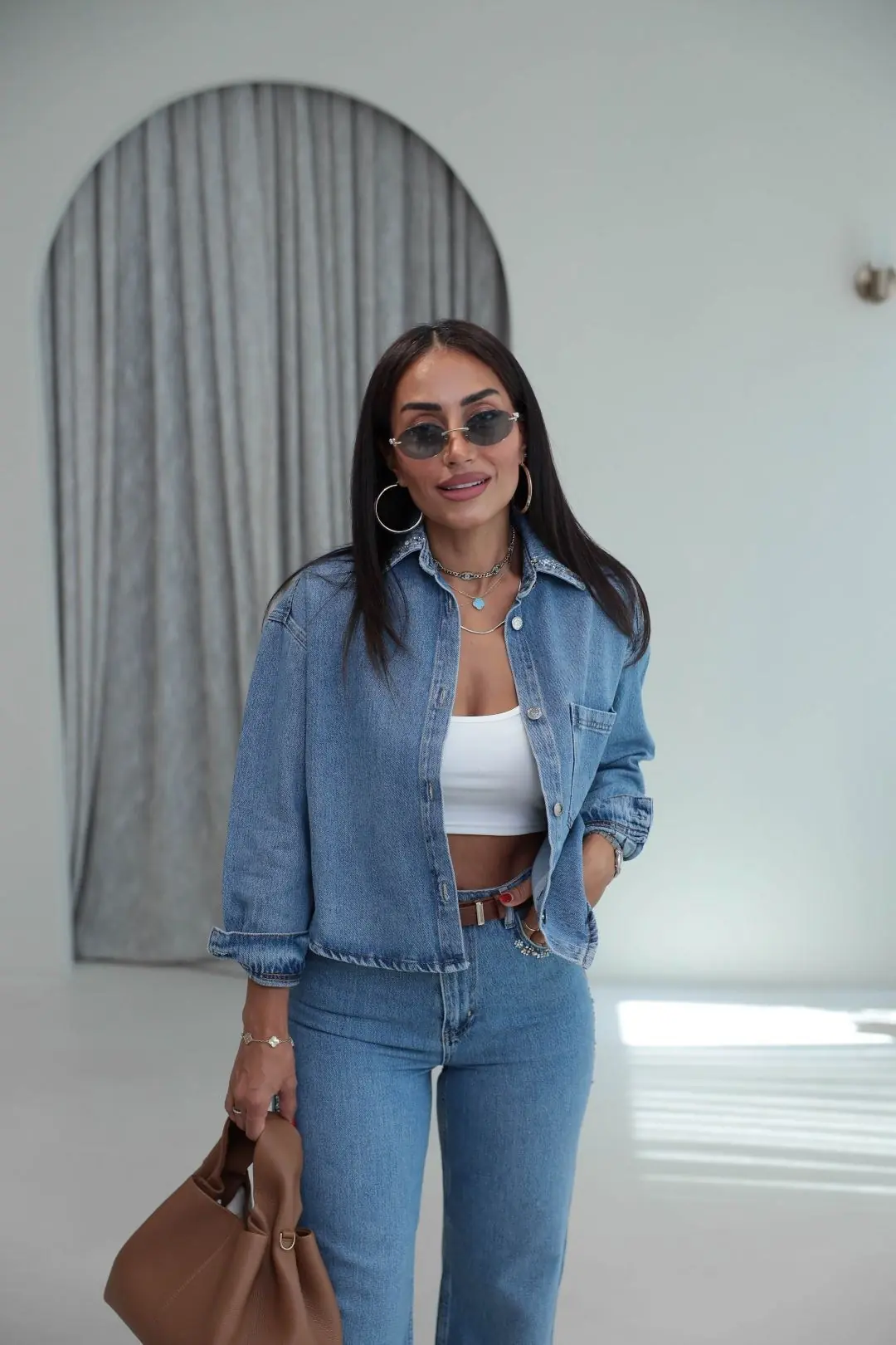 8405 Gömlek ve Pantolonu Taşlı Denim Takım MAVİ