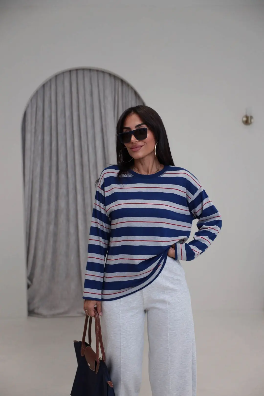 6357 Çizgi Detaylı Yumuşak Kumaş Sweatshirt LACİVERT