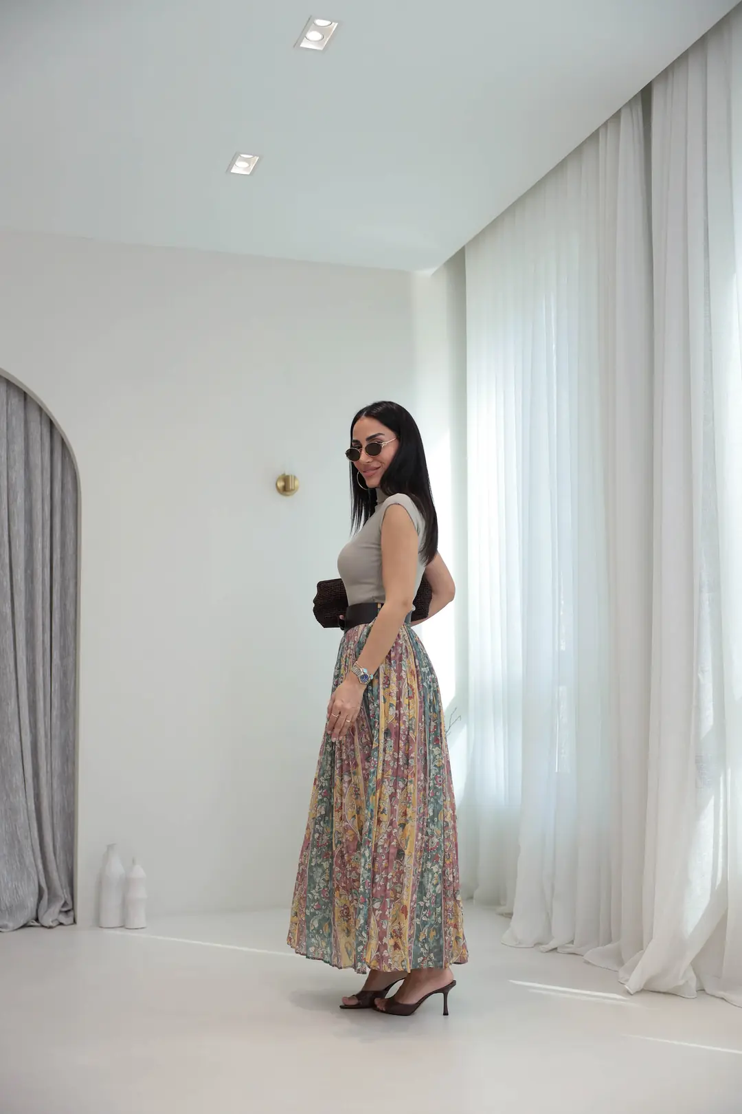 3374 Kemerli Pliseli Desenli Maxi Etek YEŞİL