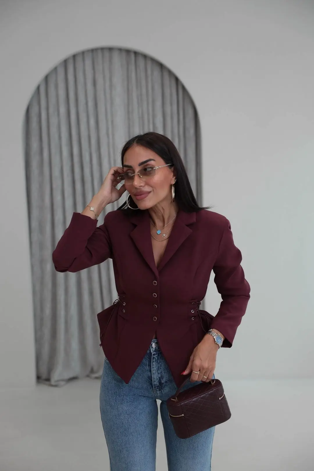 2965 Korse Detaylı Vatkalı Ceket MÜRDÜM
