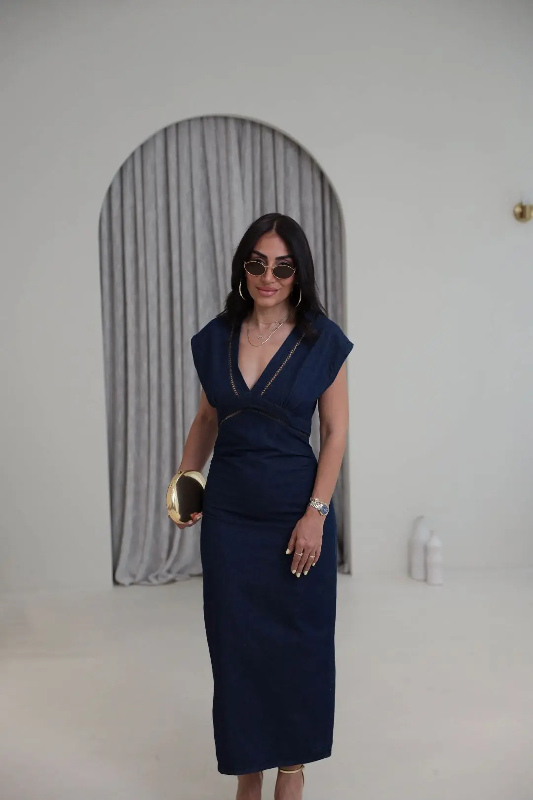 1027 V Yaka Şerit Detaylı Denim Elbise LACİVERT