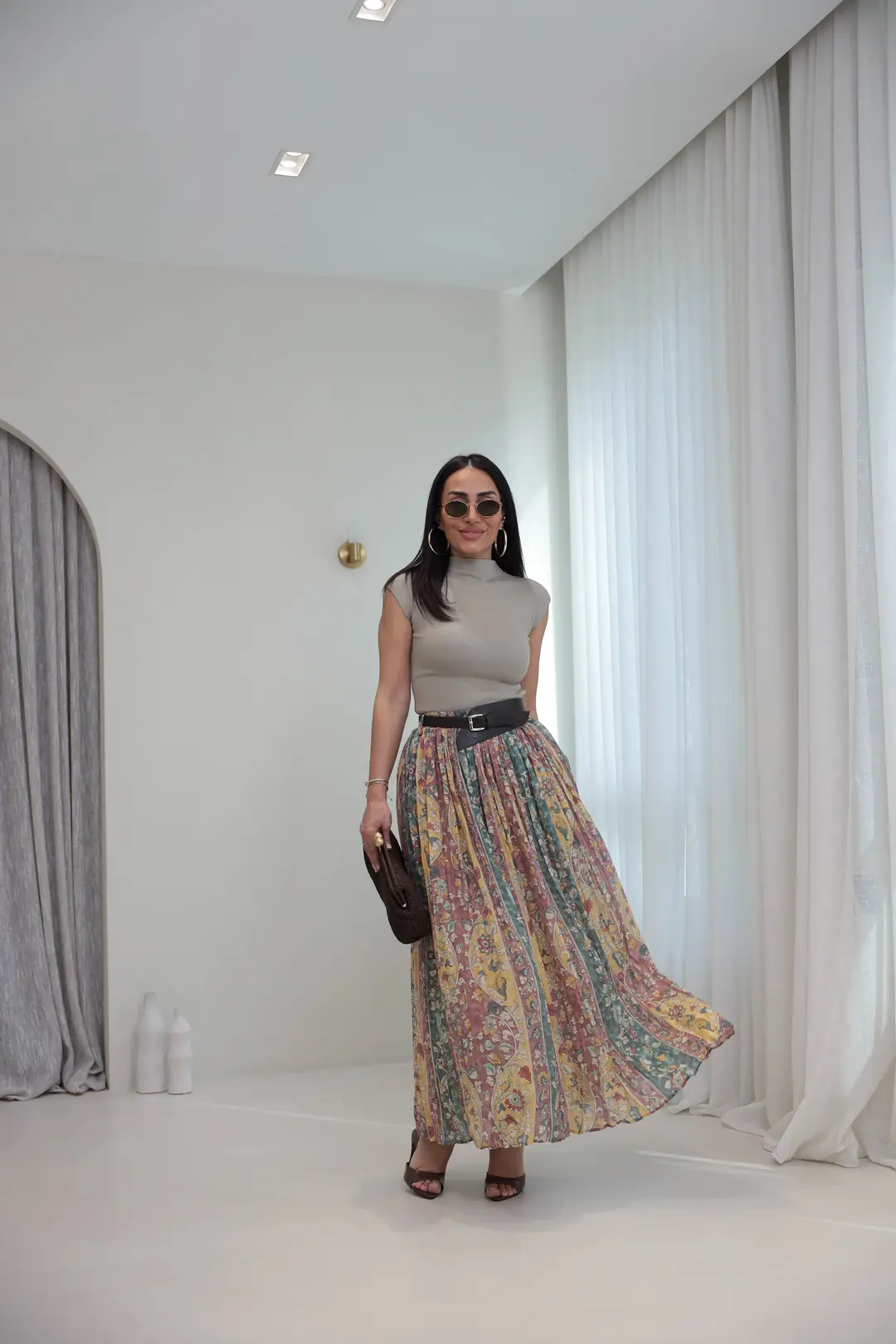 3374 Kemerli Pliseli Desenli Maxi Etek YEŞİL