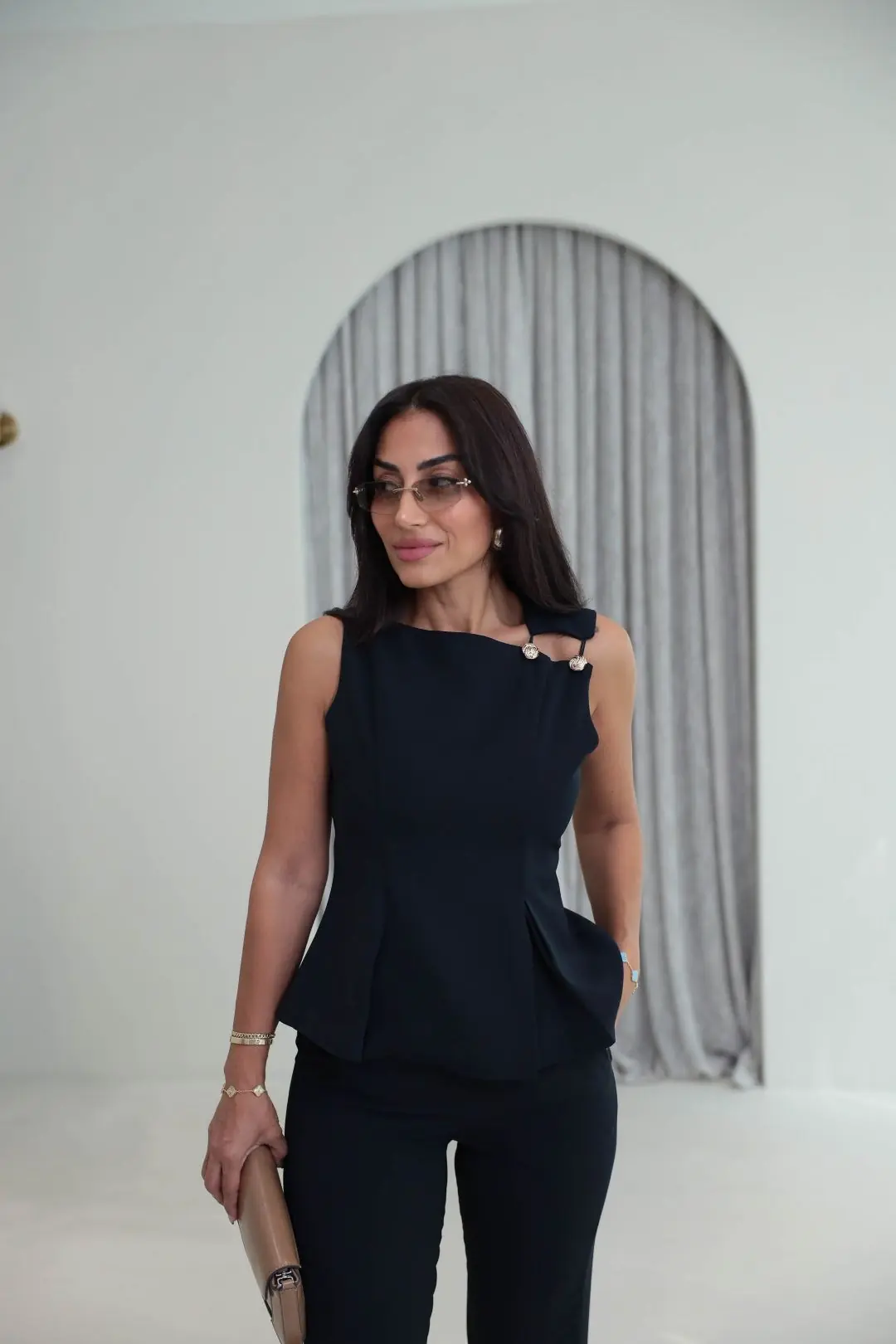 9215 Omuz Düğme Detaylı Bluz & Pantolon Takım LACİVERT
