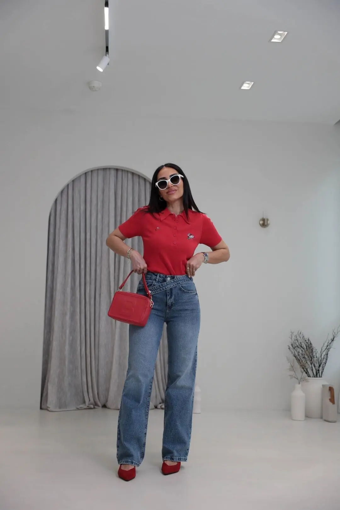 1035 Asimetrik Kemerli Denim Pantolon MAVİ