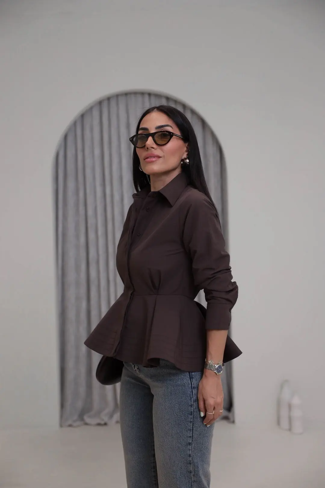 3250 İçi Telalı Peplum Gömlek KAHVE