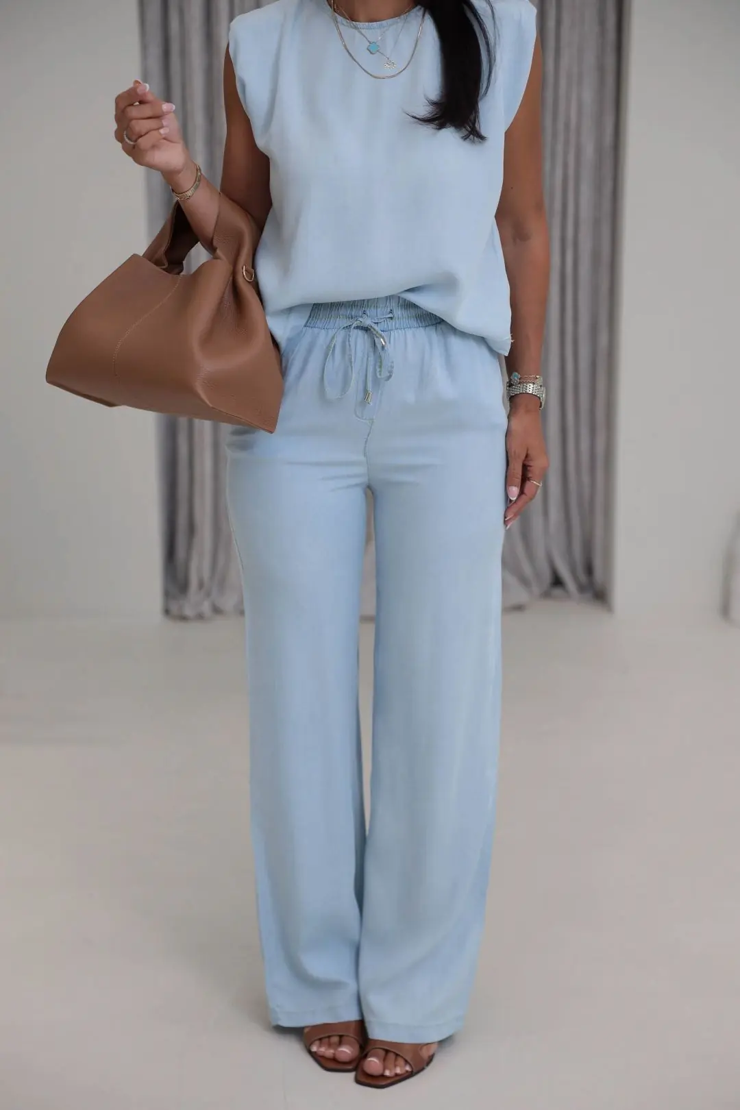 7358 Vatkalı Sıfır Kol Denim Tencel Kumaş Takım BUZ MAVİ