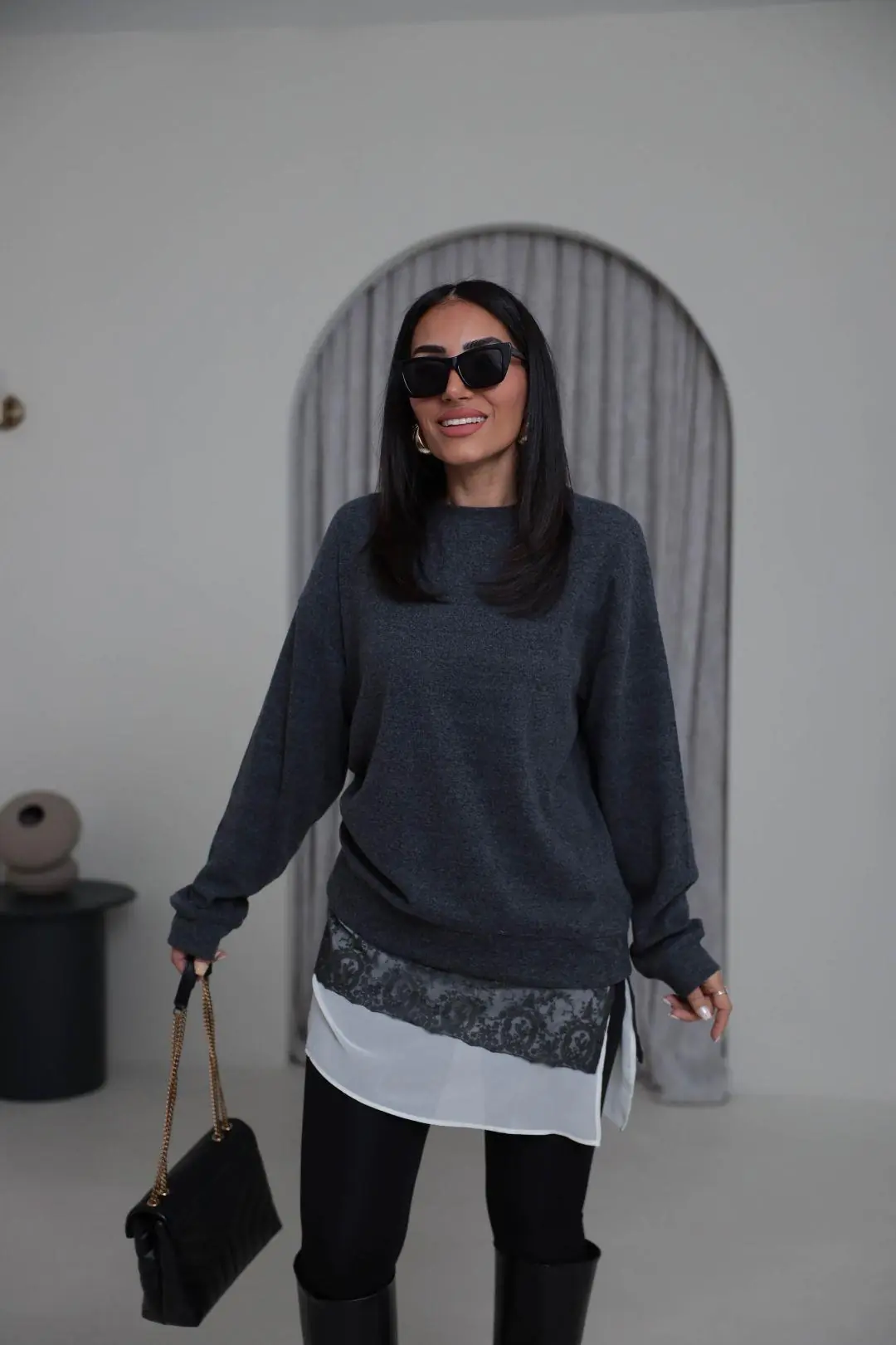 7273 Eteği Dantel Tunik Triko Bluz ANTRASİT