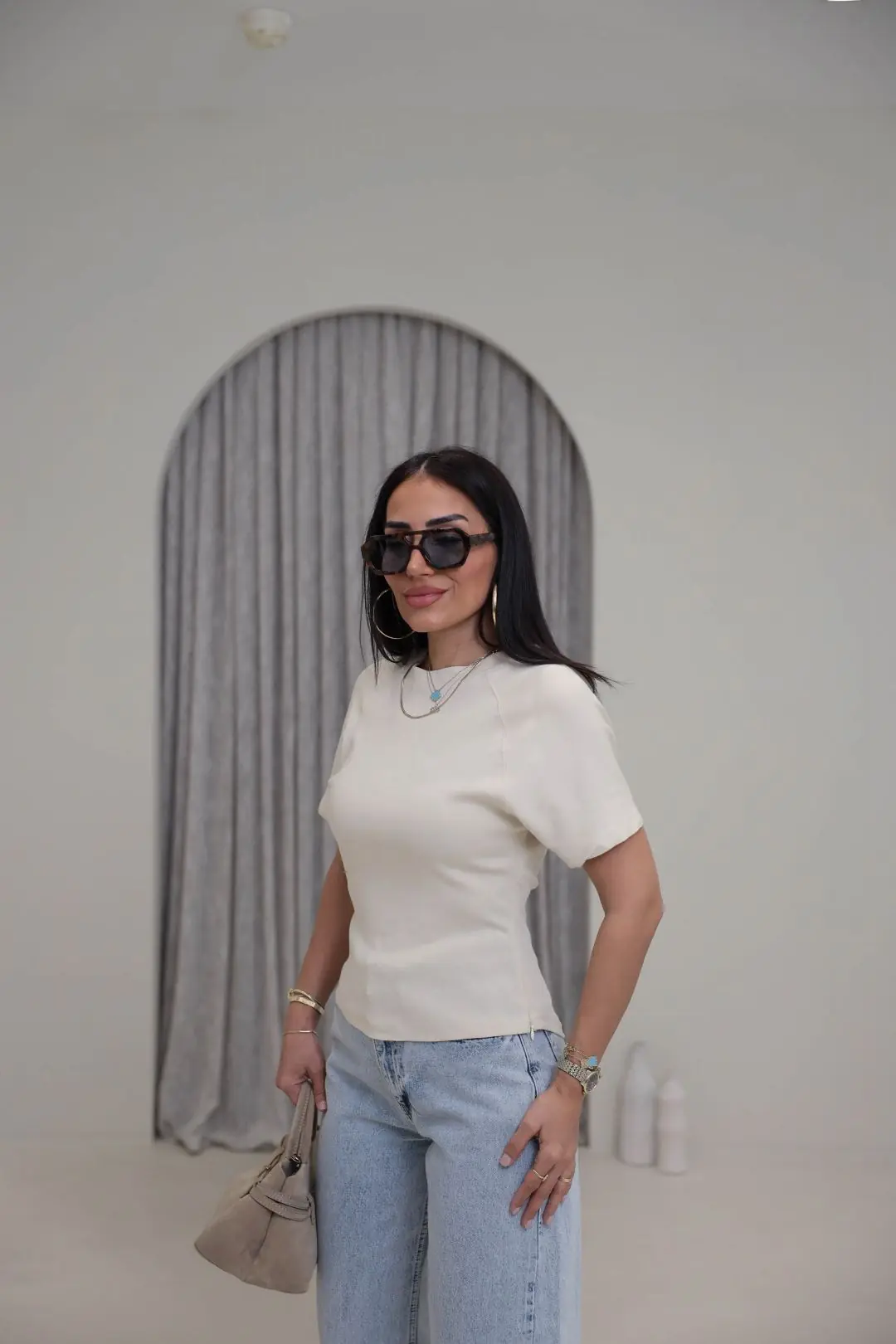 2322 Reglan Kol Yandan Fermuarlı Pamuklu Tshirt BEJ