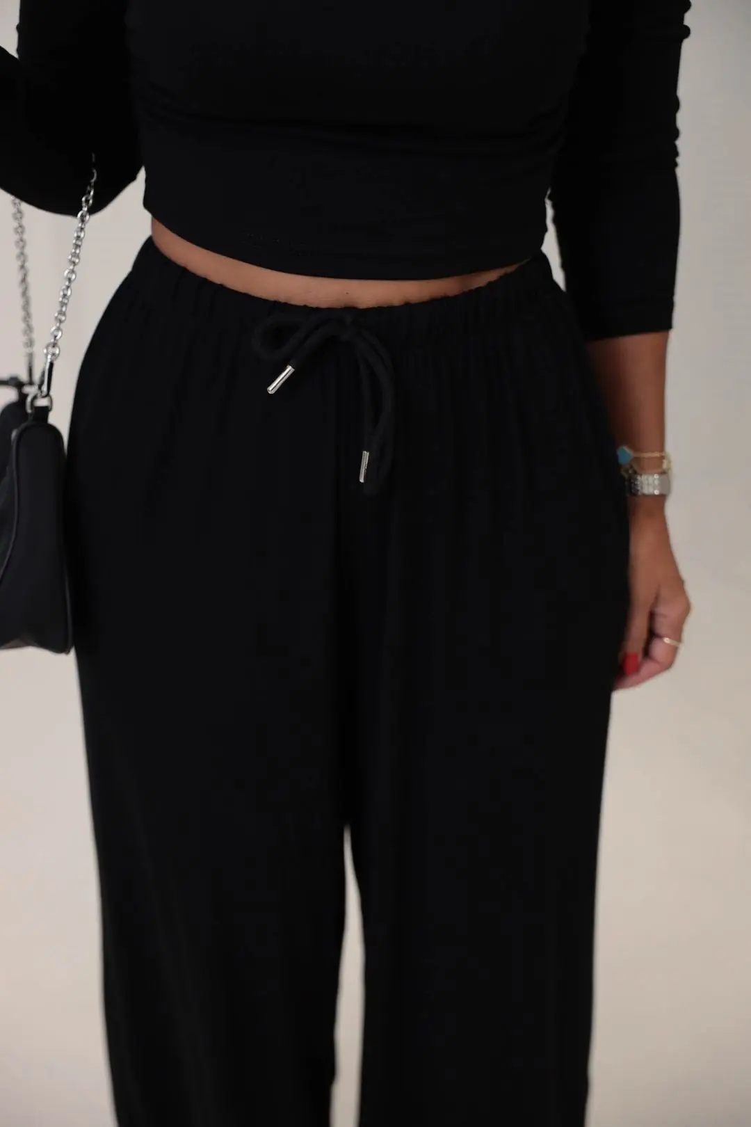 4289 Modal Drape Detaylı Şalvar Kesimli Bluz Pantolon Takım SİYAH