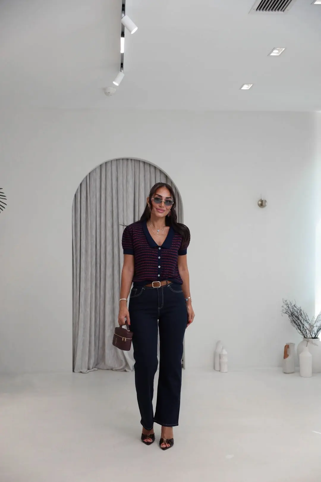 5355 Geniş Yakalı Çizgili Düğmeli Triko Bluz LACİ-BORDO