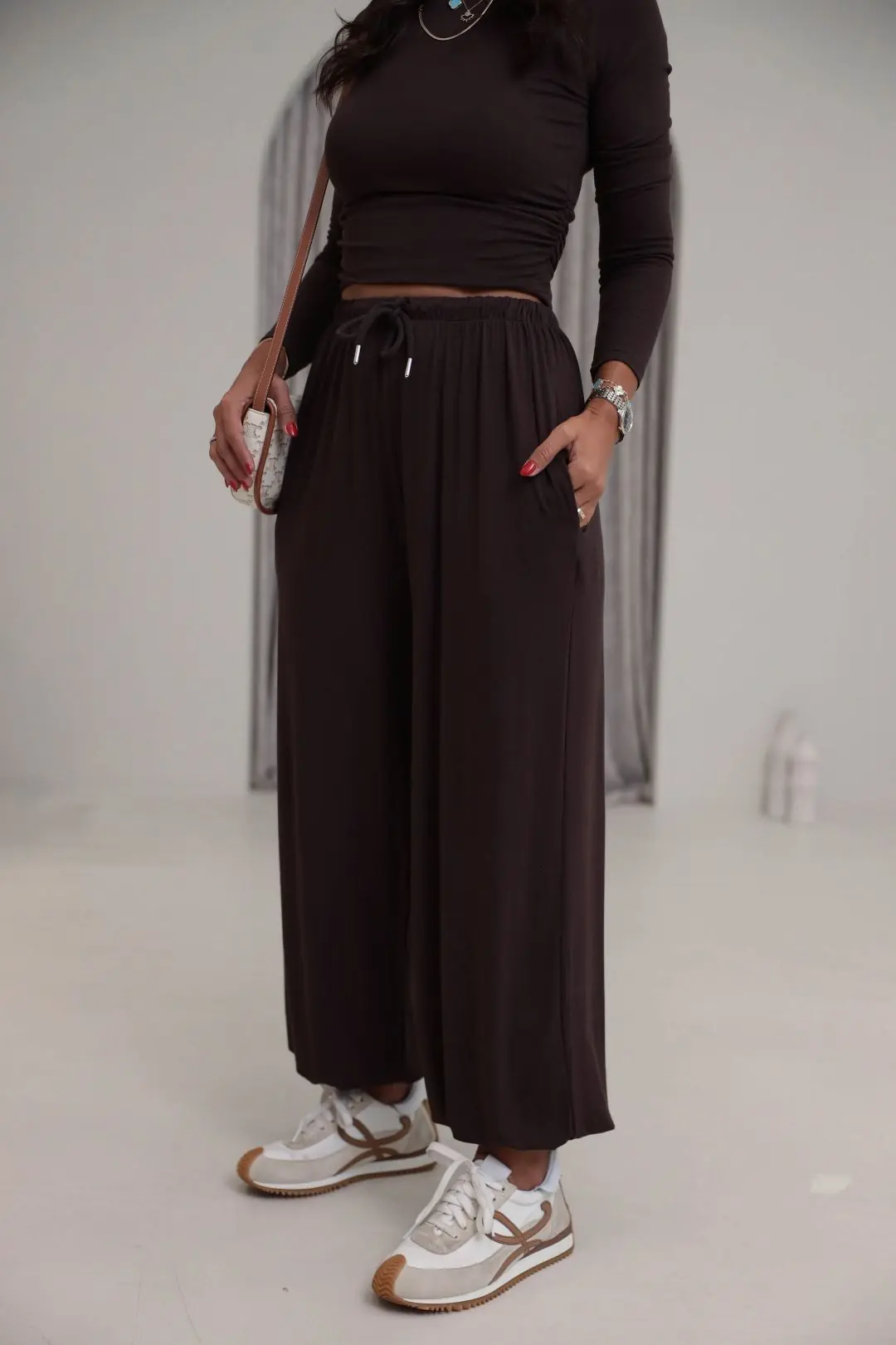 4289 Modal Drape Detaylı Şalvar Kesimli Bluz Pantolon Takım KAHVE