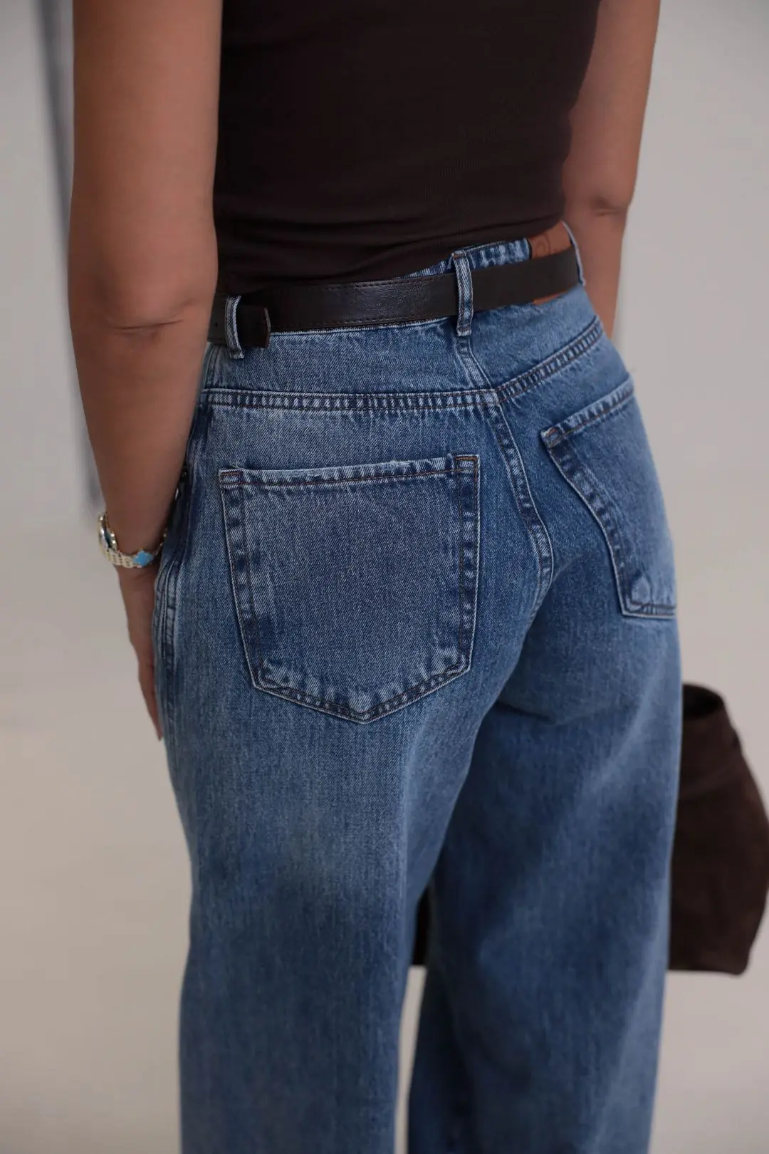 1067 Yanları Dikiş Detaylı Wide Leg Denim Pantolon TİNTLİ MAVİ