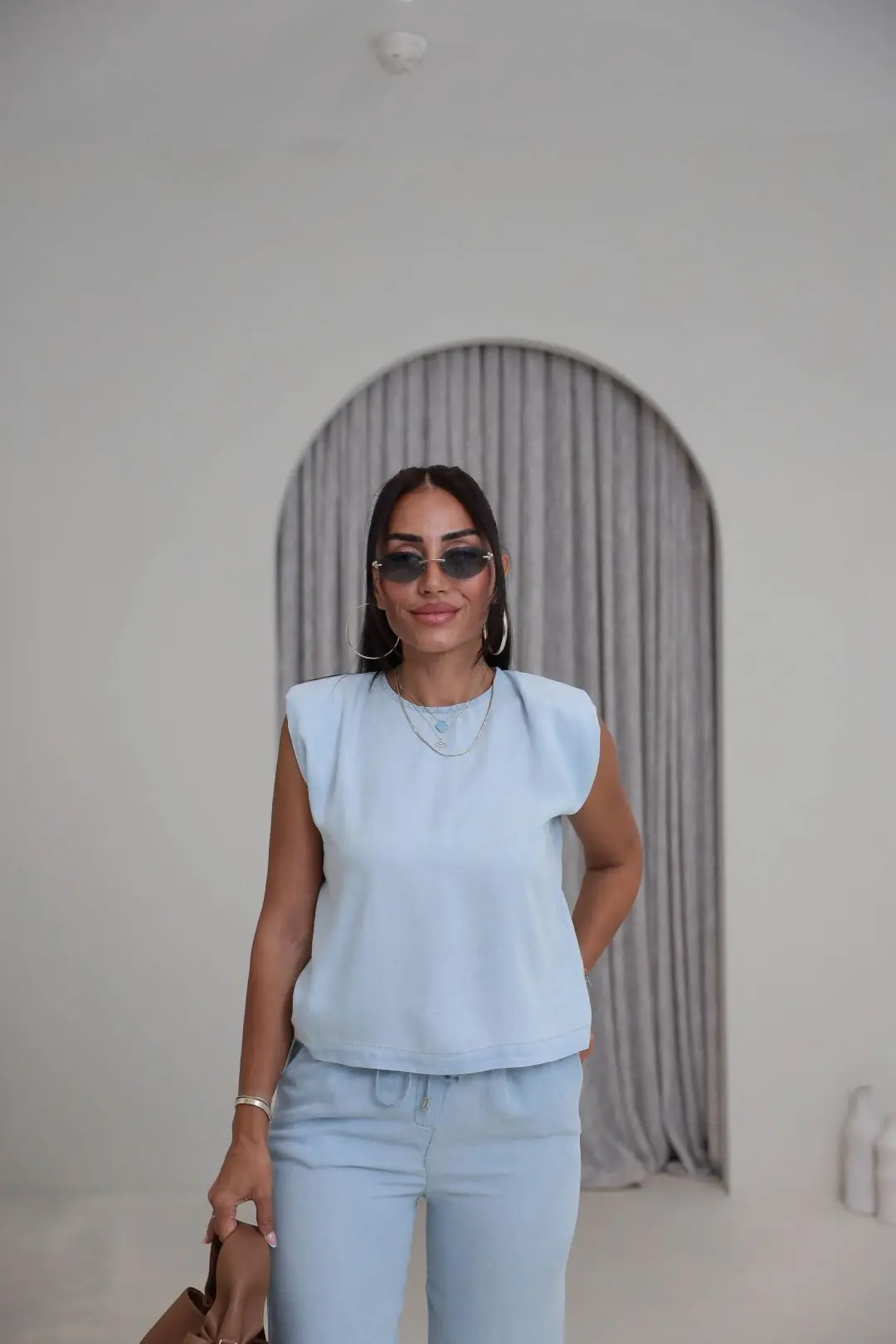 7358 Vatkalı Sıfır Kol Denim Tencel Kumaş Takım BUZ MAVİ