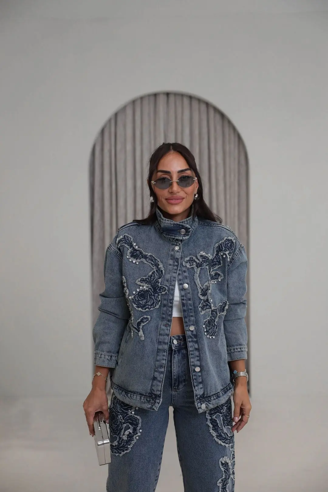 7502 Rose Aplikeli Taşlı Denim Ceket Pantolon Takım TİNTLİ MAVİ