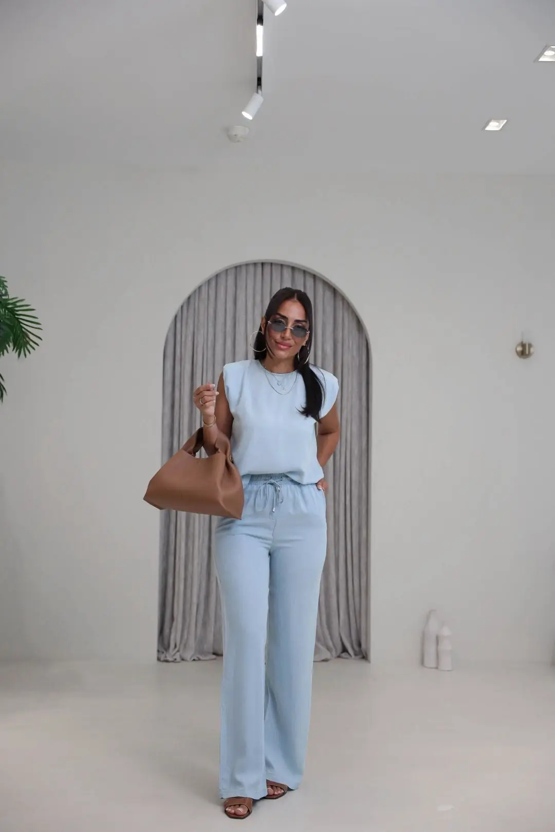 7358 Vatkalı Sıfır Kol Denim Tencel Kumaş Takım BUZ MAVİ